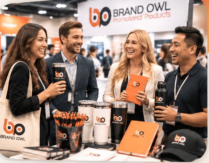 Illustrative conference scene showing four smiling businesspeople at a Brand Owl booth with logo tumblers, a bottle, an orange notebook and branded merchandise.